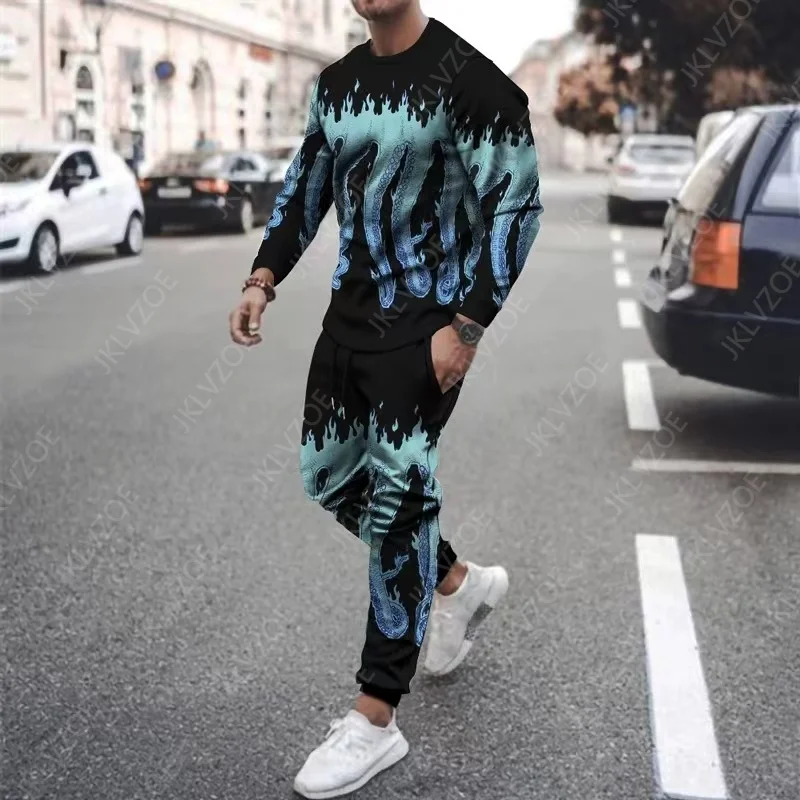 

Autumn Men's T Shirt Set Long Sleeve O Neck 3D Tentacle Printing Tracksuit Streetwear Cthulhu Style 2 Piece Suit Oversized