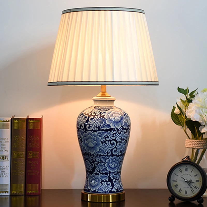OUFULA American CeramicTable Lamp Blue Classical Creativity Living Room Bedroom Study Hotel engineering Desk Light