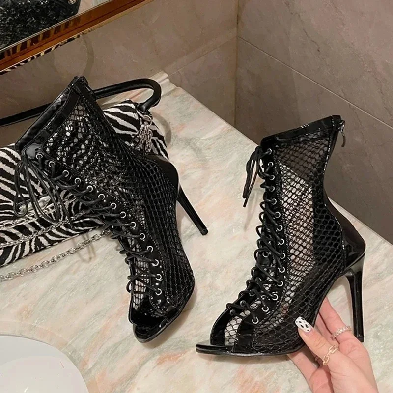 Women's Peep Toe Mesh Fishnet Patchwork Front Lace Up Back Zipper Thin Stiletto Heel Ankle Booties Sandals Sexy Pole Footwear