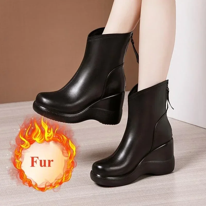 8cm Small Size 32-43 Soft Leather Platform Wedges Shoes Winter Mid Leg Boots with Fur 2024 High Heels Snow Boots for Office Mom