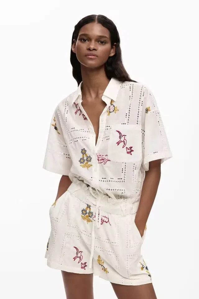 Exterior Spanish Embroidery Openwork Loose Women's Short-Sleeved and Short-Pants Style, Randomly Cut with Different Patterns