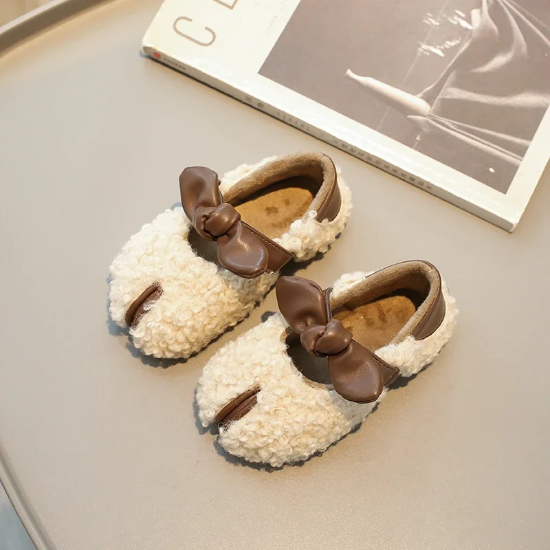 New Girls Cotton Shoes Winter Fluffy Children Plush Flat Shoes Warm Simple Kids Fashion Causal Shoes Sweet Bowtie Soft Bottom