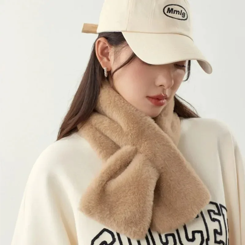 

Плюшевый шарф с крестом из искусственного кроличьего меха, утолщенные мягкие шарфы, однотонный, осенне-зимний, морозостойкий женский шарф с теплым воротником