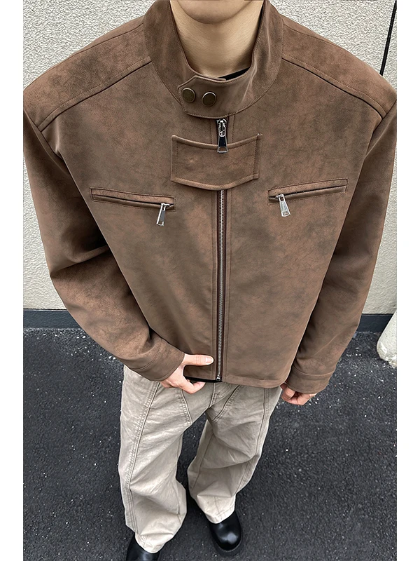 

Мужская весенняя куртка из искусственной кожи в американском стиле, утепленная, с пэчворком, воротником-стойкой, модная, стильная, свободного кроя