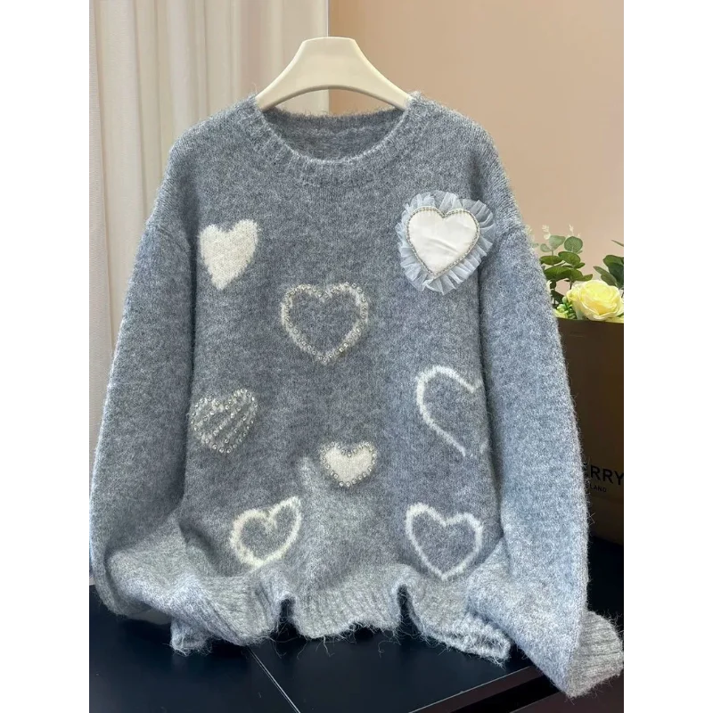 Amor em torno do pescoço design camisola novo topo solto preguiçoso pulôver