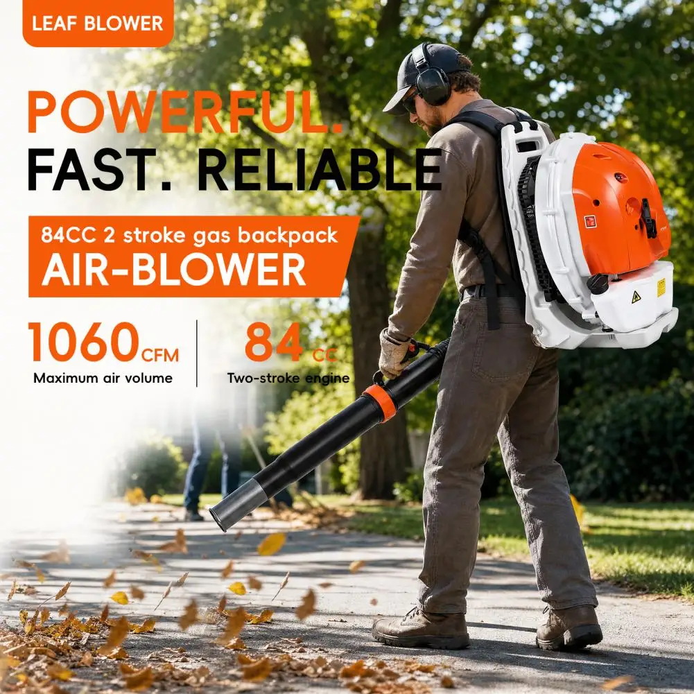 Gas Powered Leaf Blower 2-Stroke 84CC Backpack Leaf Blower 1060CFM Leaf And Snow Blower for Lawn Garden Commercial Use