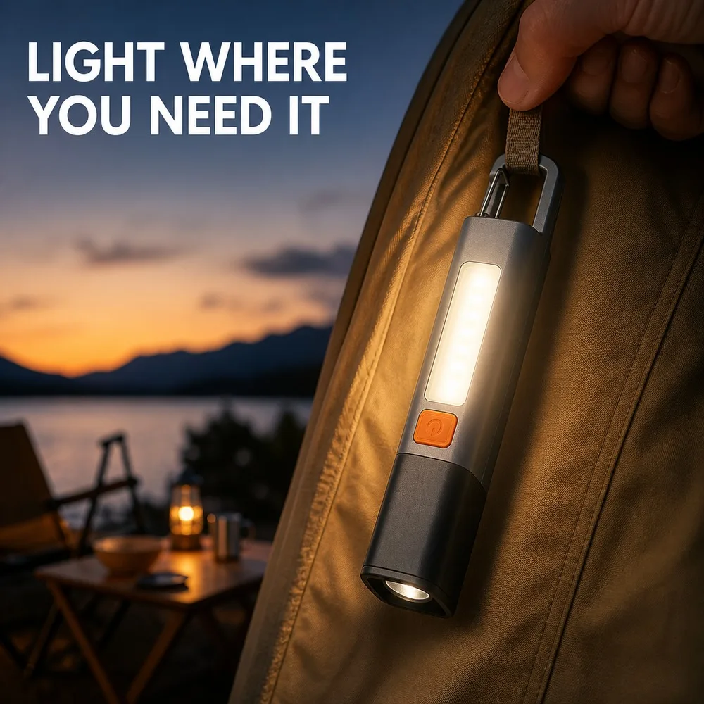 USB Rechargeable XPE COB Flashlight Adjustable Focus 3 Lighting Modes Compact Hook Lamp for Outdoor Car Repair Camping
