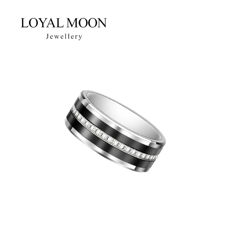 Loyal Moon Wedding Tungsten Rings For Men Inlay Black Ceramic Fully Stacked Cubic Zircon Jewelry Engagement,customized