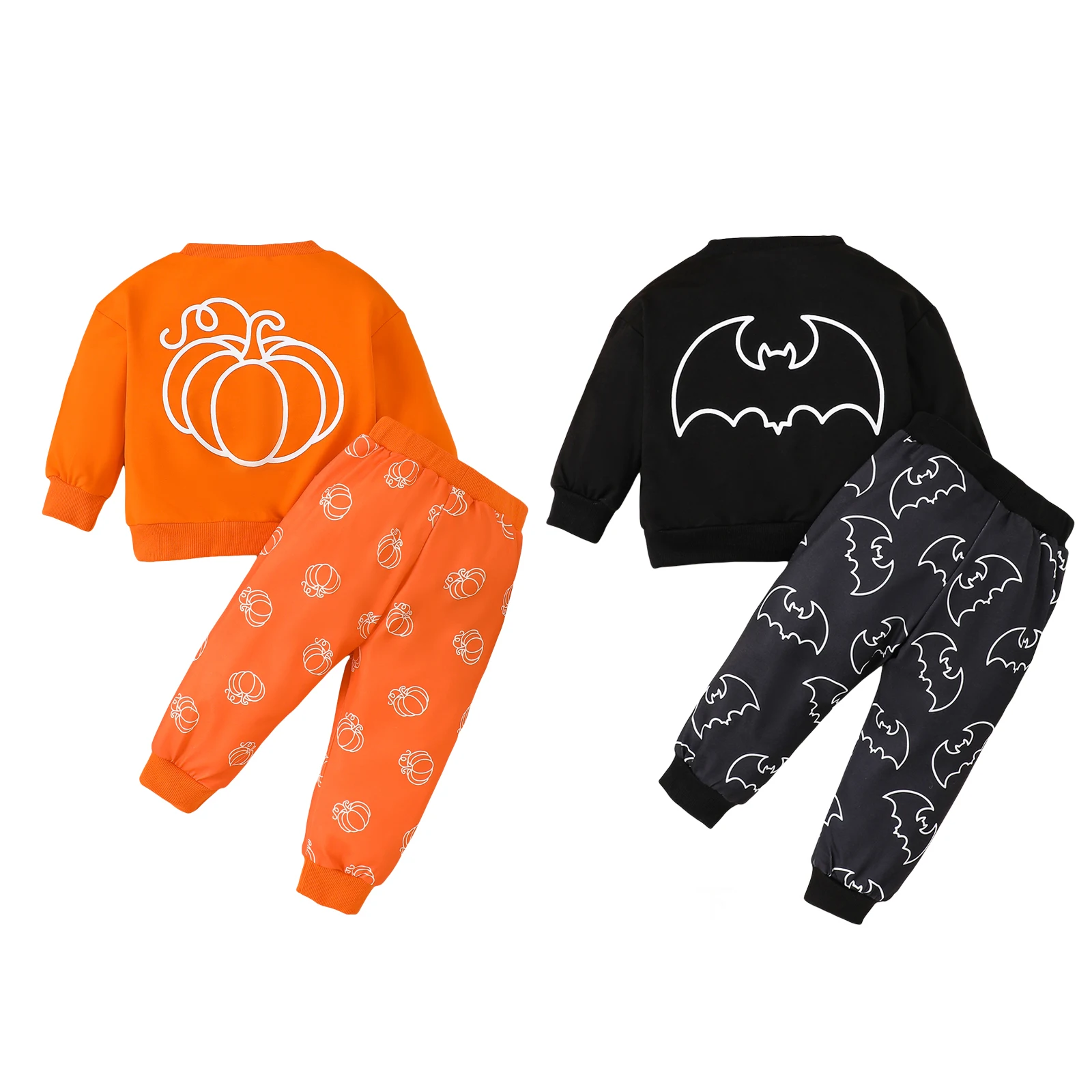 Kid Clothes Boys Halloween Outfits Girl Long Sleeve Round Neck Pumpkin/Bat Print Tops Pants Sets Children\'s Clothing