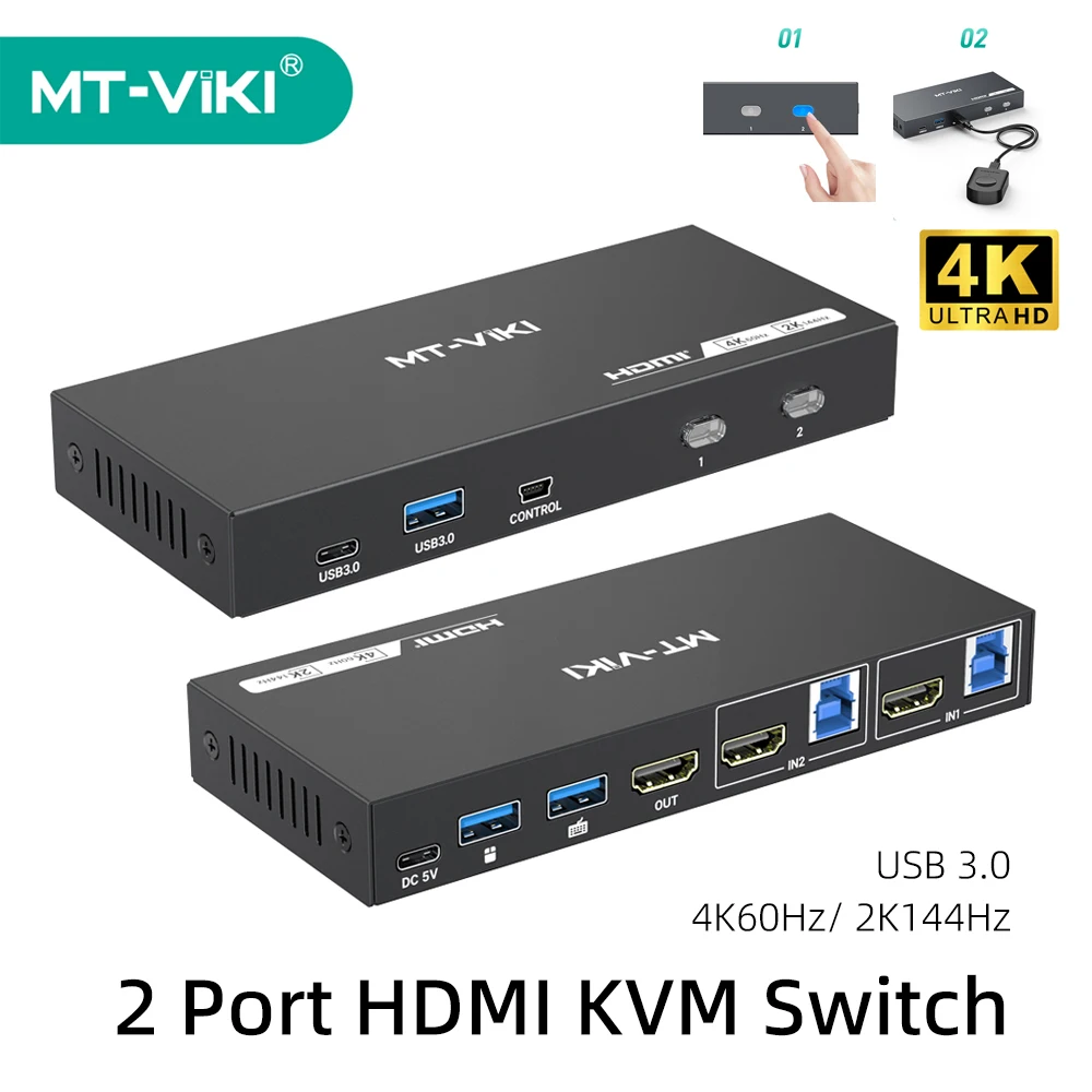 MT-VIKI 2 Port HDMI KVM Switch USB 3.0 4K@60Hz 2K@144Hz Manual with Wired Extended Switch Button MT-KH2S3