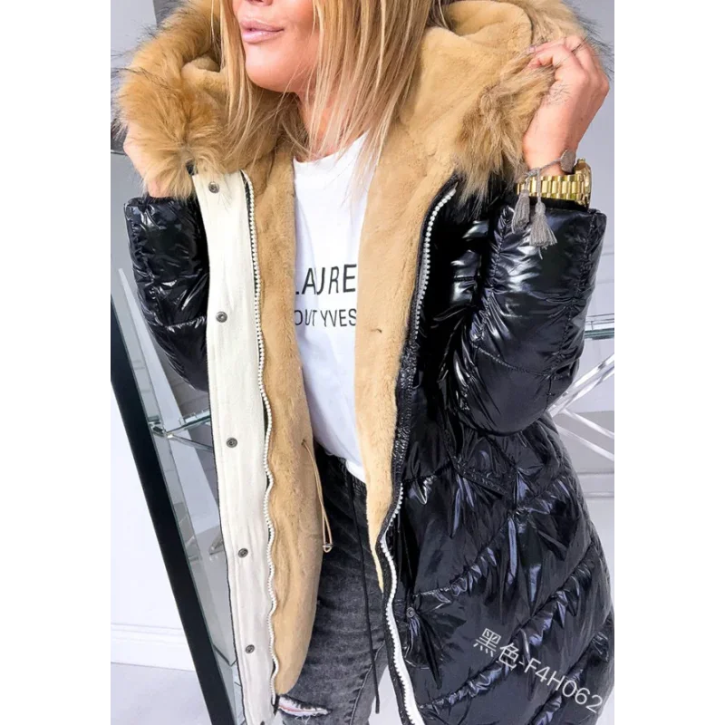 Women\'s Cotton Jacket, Warm, Solid Color, Glossy Zipper, Inner Fur Collar, Winter Fashion Mid Length Jacket