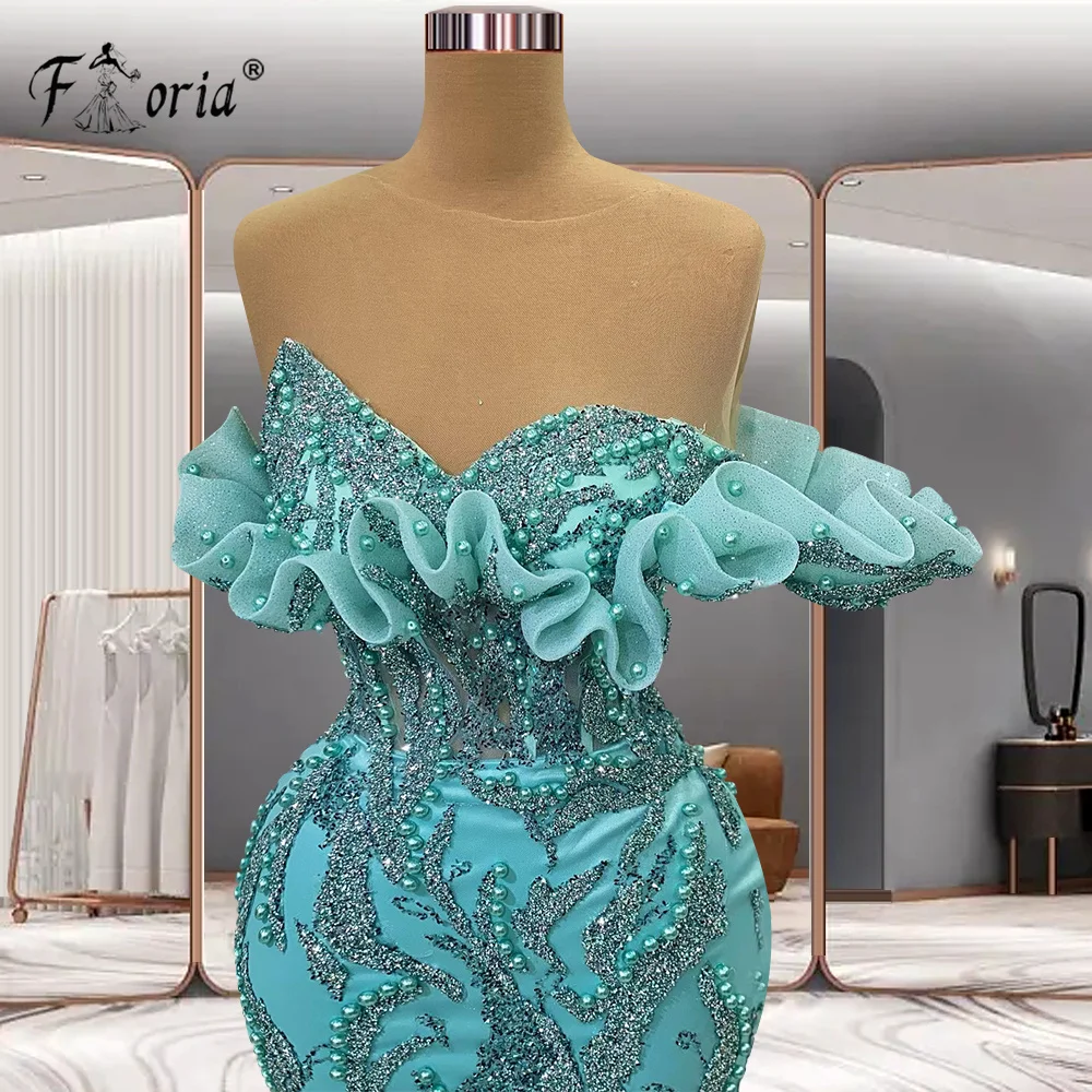 Delicate Crystal Pearls Mermaid Evening Dress Full Beadings Ruffles Sparkly Sequins Backless Green Prom Dresses Robe De Soiree