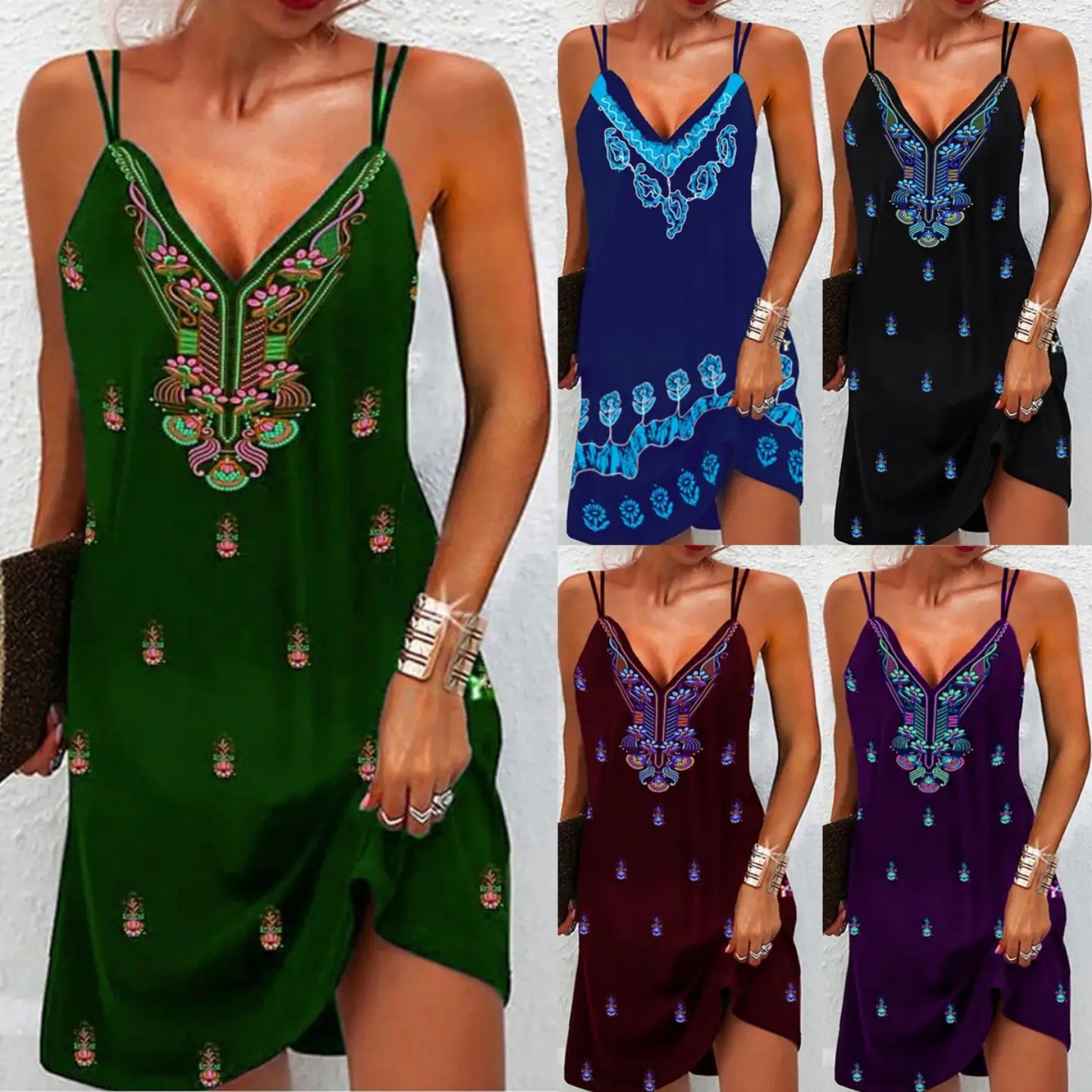 

2023 Fashion New Summer Women's Boho Sling Print V-Neck Dress Casual Party Sexy Sleeveless Short Dresses Female and Lady Cloth