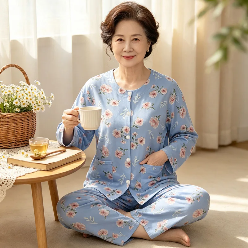 Women's Long-sleeved Pajama Set for Middle-aged and Elderly, Spring-autumn Floral Cardigan, Cotton-like Home Wear