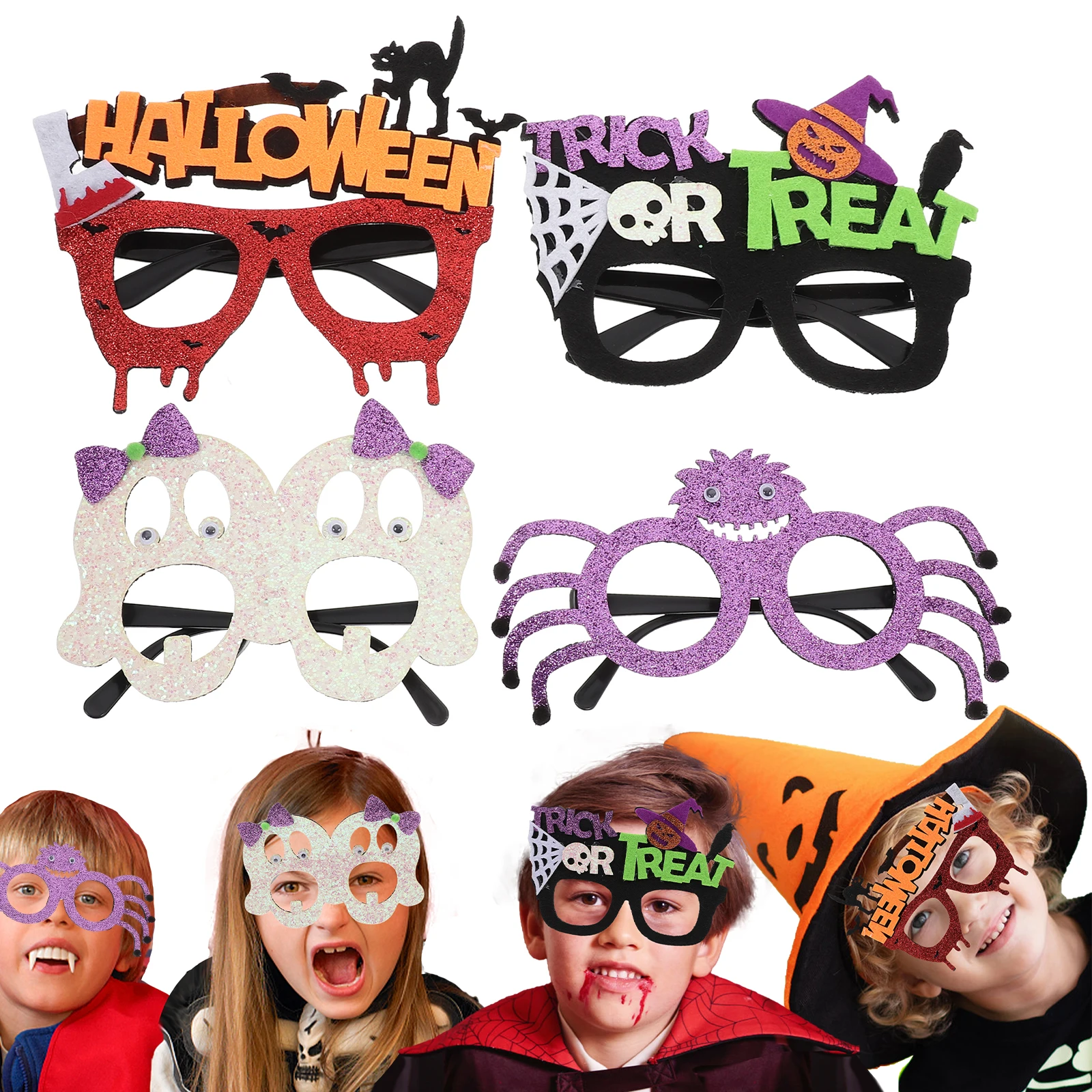 

4 Pcs Halloween Party Glasses Props Purple Bow Bloody Frame Pumpkin Witch Hat Crow Spider Decorations Photo Cosplay