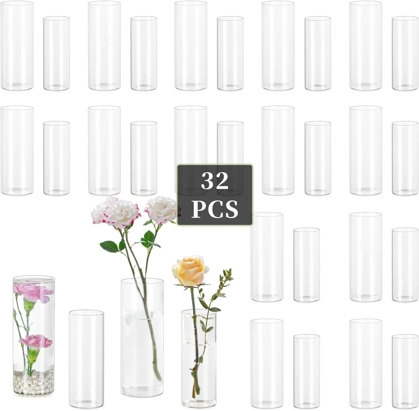 

32 Clear Glass Cylinder Vases for Centerpieces with 2 Sizes, Modern Hurricane Candle Holder for Wedding Party Home Decor