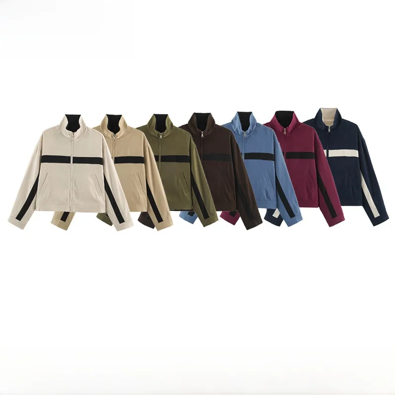 Early Autumn New Arrival Women's Fashion Simple Match All Zipper Stand Collar Color Collision Jacket Outerwear Polyester Fiber