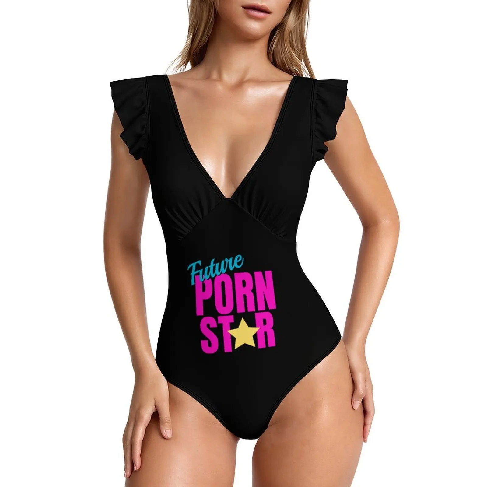 Holiday one-piece swimsuit women's anti roll pleated swimsuit skirt V-neck hollow out wrapped swimsuit