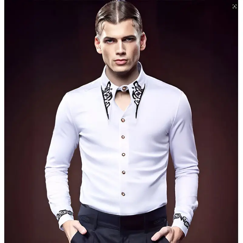 

Сексуальная повседневная мужская рубашка с вышивкой в европейском стиле, новинка весенней коллекции, дышащая, из полиэфирного волокна, с длинным рукавом, воротник-стойка.