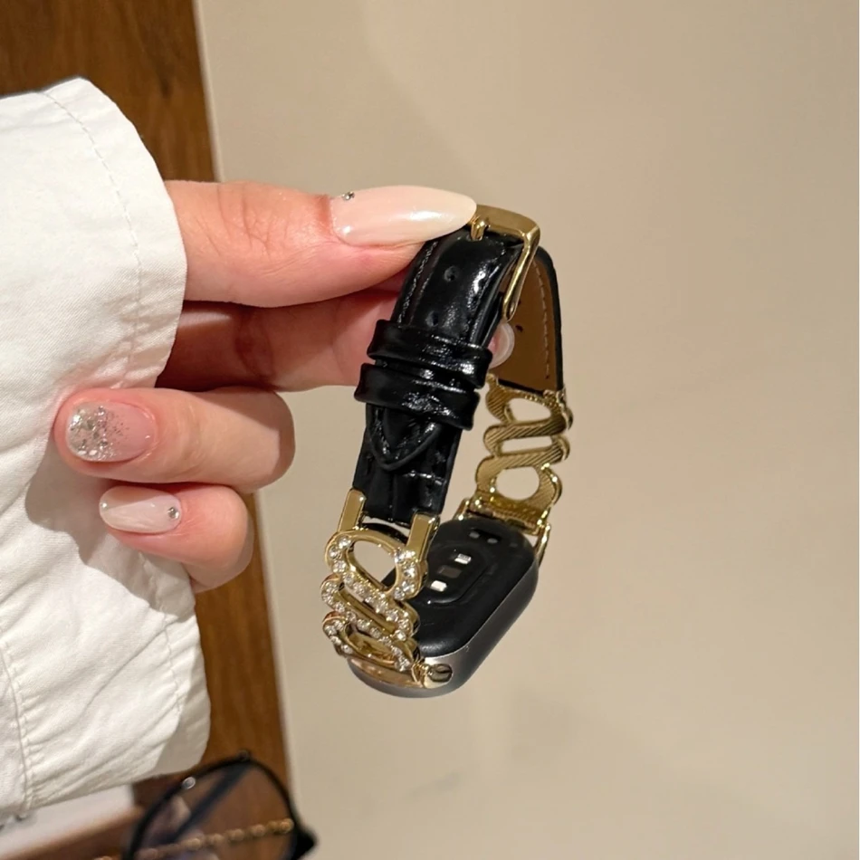 

Металлический кожаный браслет с двойным S и бриллиантом для Xiaomi Mi Band 10 8 9, ремешок Miband 9Pro 8 Pro, стильные сменные ремешки для умных часов