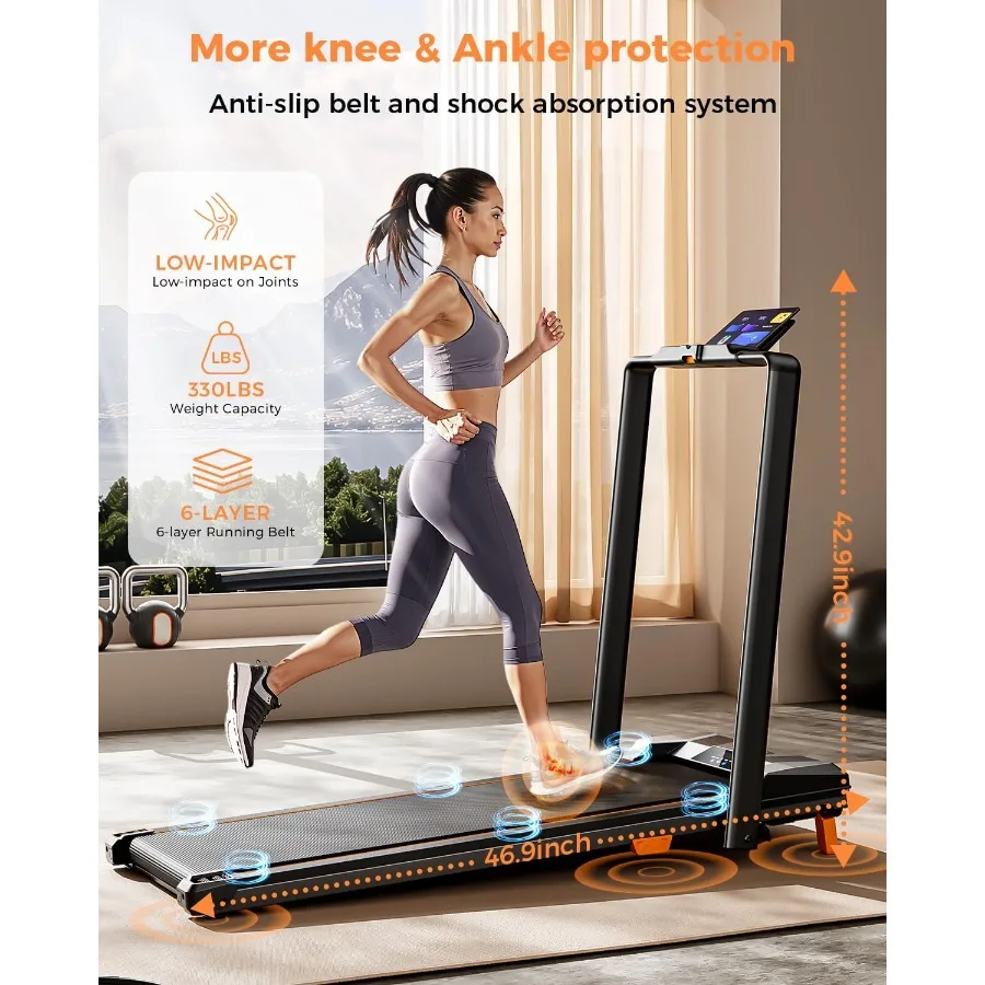 Home office walking pad with handle bar, steel frame, black, 330 lbs capacity, foldable under desk, 5 incline, 2.5 HP motor