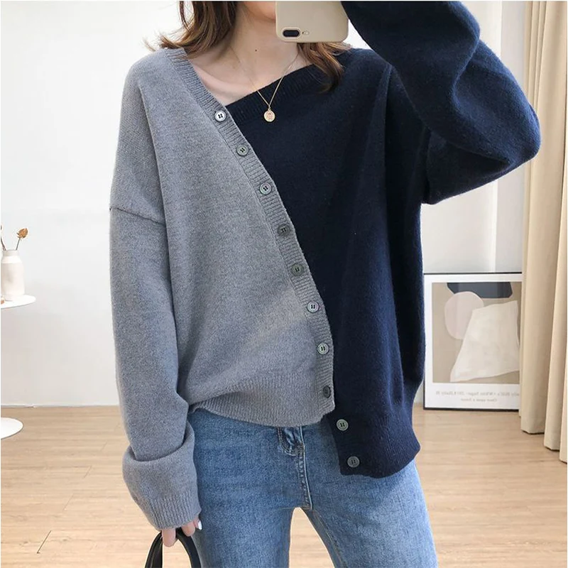 

High End Korean Version Loose Slimming Knitted Sweater for Women's Autumn Winter Lazy Style Irregular Long Sleeved Trendy Top