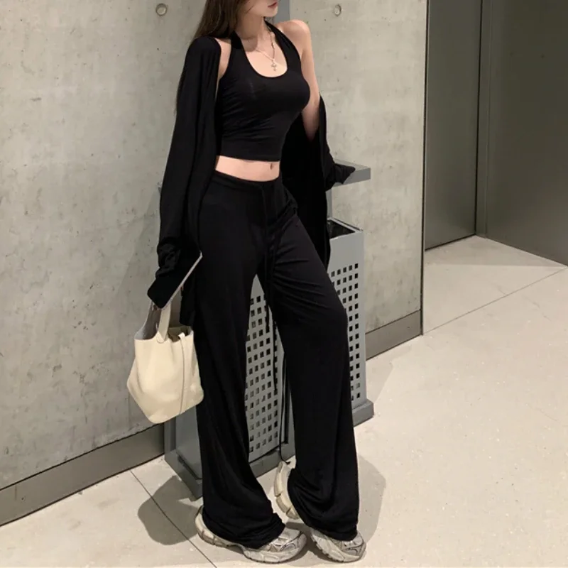 

2024 Summer New Streetwear Drawstring Casual Wide Leg Pants Women + Backless Sexy Camisole + Loose T-Shirt Three-piece Suit