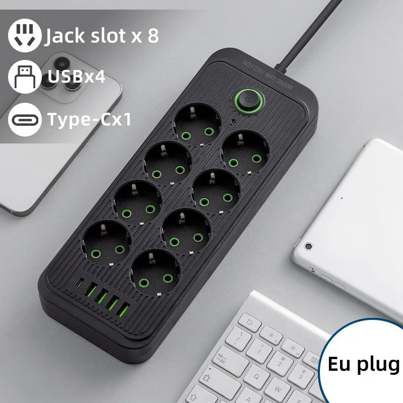 Stekkerdoos met 2M Verlengsnoer 6/8 EU Gaten 4USB Type C Poorten Universele AC Outlet Stopcontact Telefoon Veilig Opladen Adapter