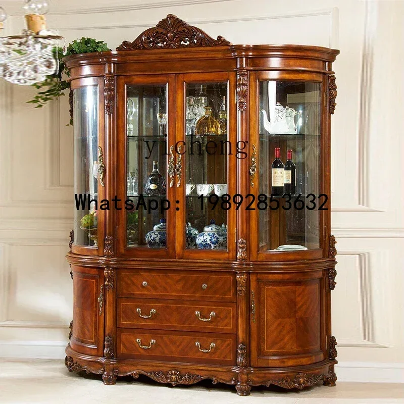 European solid wood four-door wine cabinet glass cabinet American retro semi-round wine cabinet