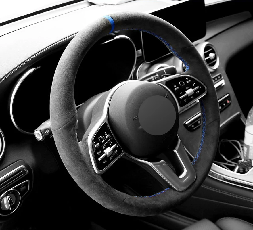 Suede Genuine Leather Blue Thread Steering Wheel Cover Car Accessoires Specifically for Mercedes Benz A-Class B-Class C-Class