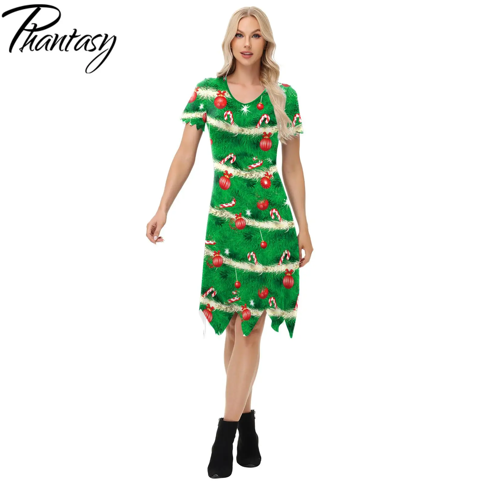 Phantasy Women Leggings Suit Dress Christmas Tree Pattern Wide Leg Pants Flare Pants Xmas Party Dress Autumn Female Set