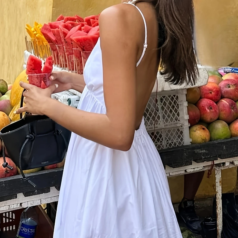 Rok Tanpa Punggung Wanita 2025 Warna Solid Musim Semi/Musim Panas Atasan Tanpa Lengan Warna Solid Rok Sederhana Tanpa Punggung Gaun Tali Tanpa Lengan