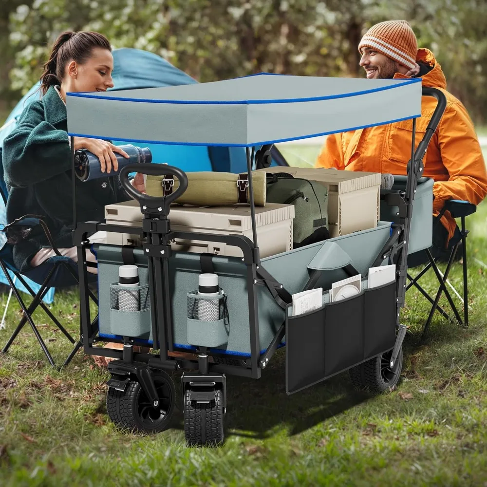 Heavy-Duty Outdoor Folding Wagon Cart with Removable Canopy, Adjustable Handles and Flexible Swivel Wheels for Large Capacity an