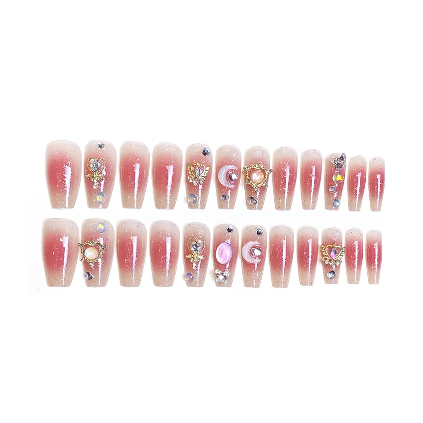24 pièces 3D amour coeur lune faux ongles acrylique longue cercueil couverture complète faux ongles conseils avec strass brillant portable presse sur les ongles