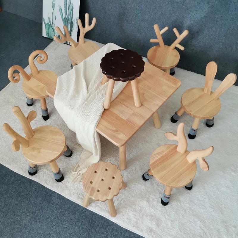 

Nordic children's solid wood round stool baby dining chair kindergarten small bench biscuit creative cartoon small stool back