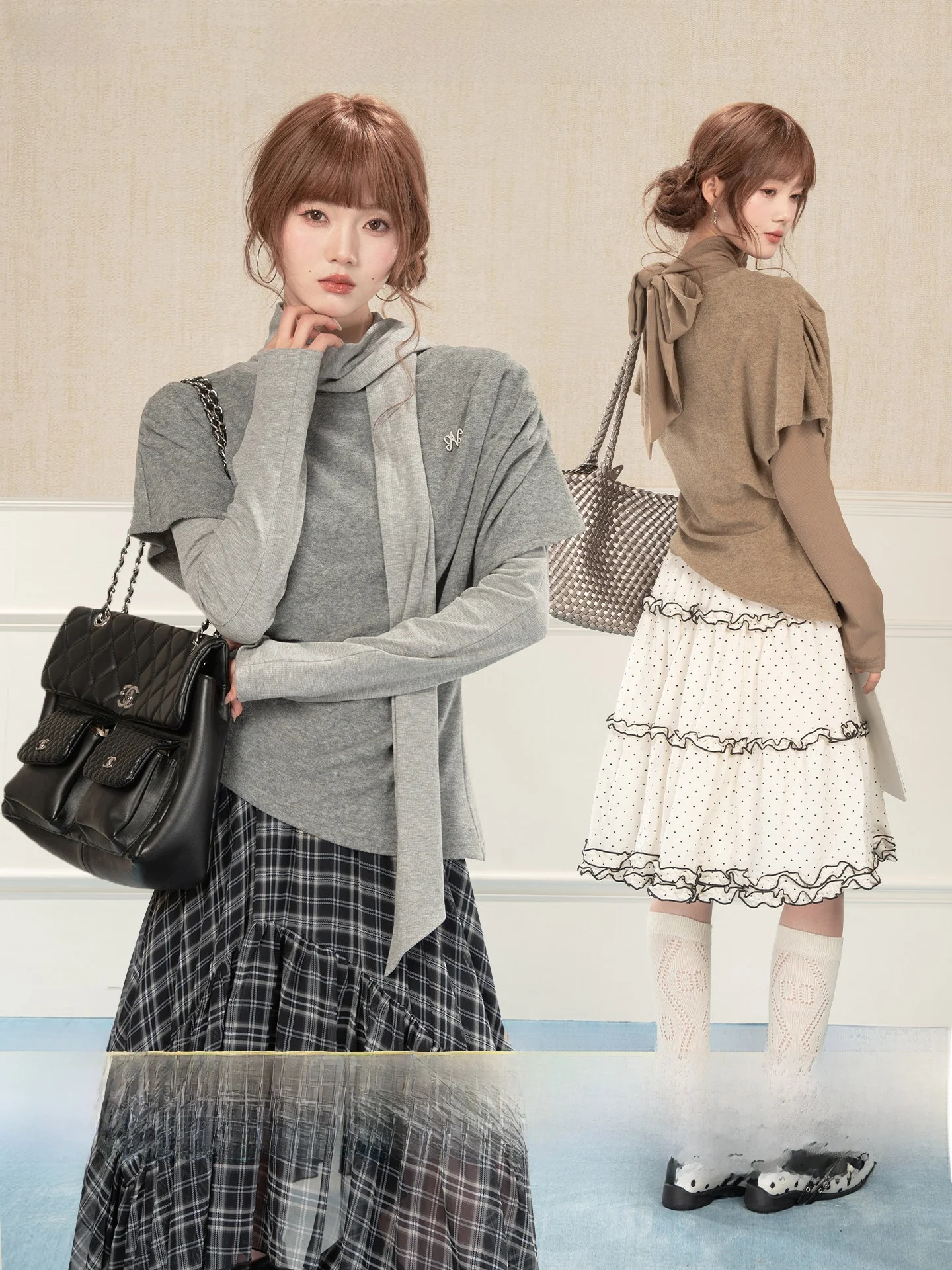 

Новинка! Модный женский комплект из двух предметов: асимметричная футболка с длинным рукавом и топ с сетчатыми вставками для весеннего гардероба.