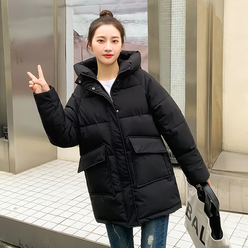 Women Winter Oversize Outwear Cotton Down Coat Solid Hooded Thicken Black Coffee Female Parkas Middle Long Jacket