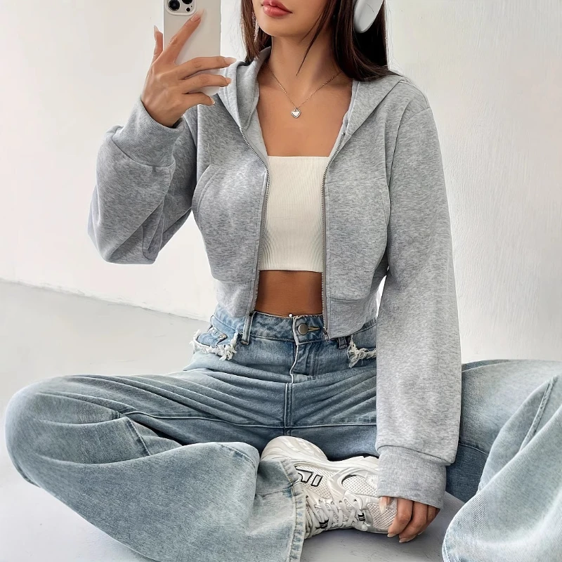 

Short Long Sleeve Zipper Hooded Sweater 2025 Spring and Autumn Fashion Women's Jacket
