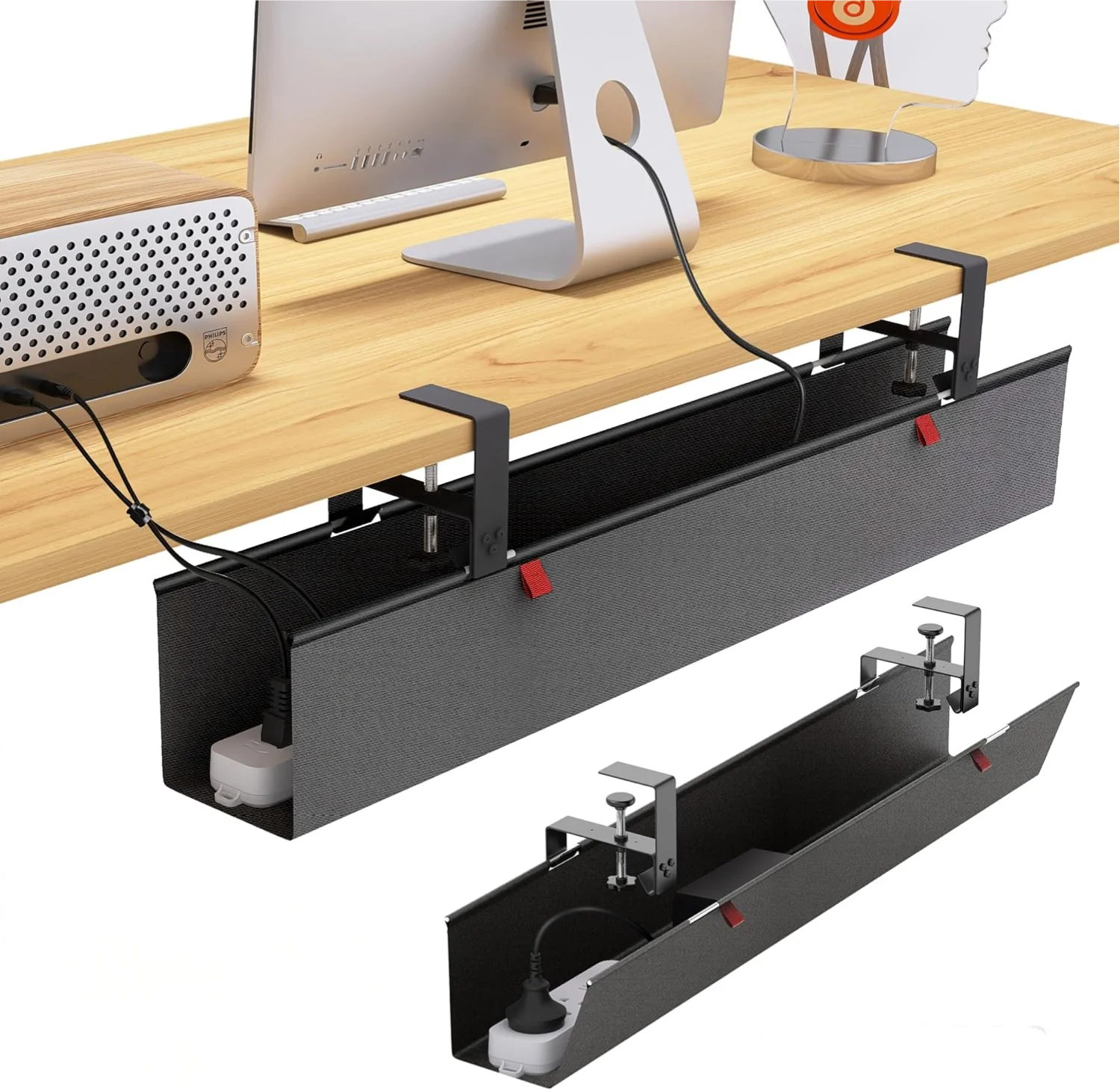 70/90/120cm 3 Sizes Under Desk Cable Management Tray - Under Desk Cord Management - Clamp/Screw Mount - Fabric Wire Management
