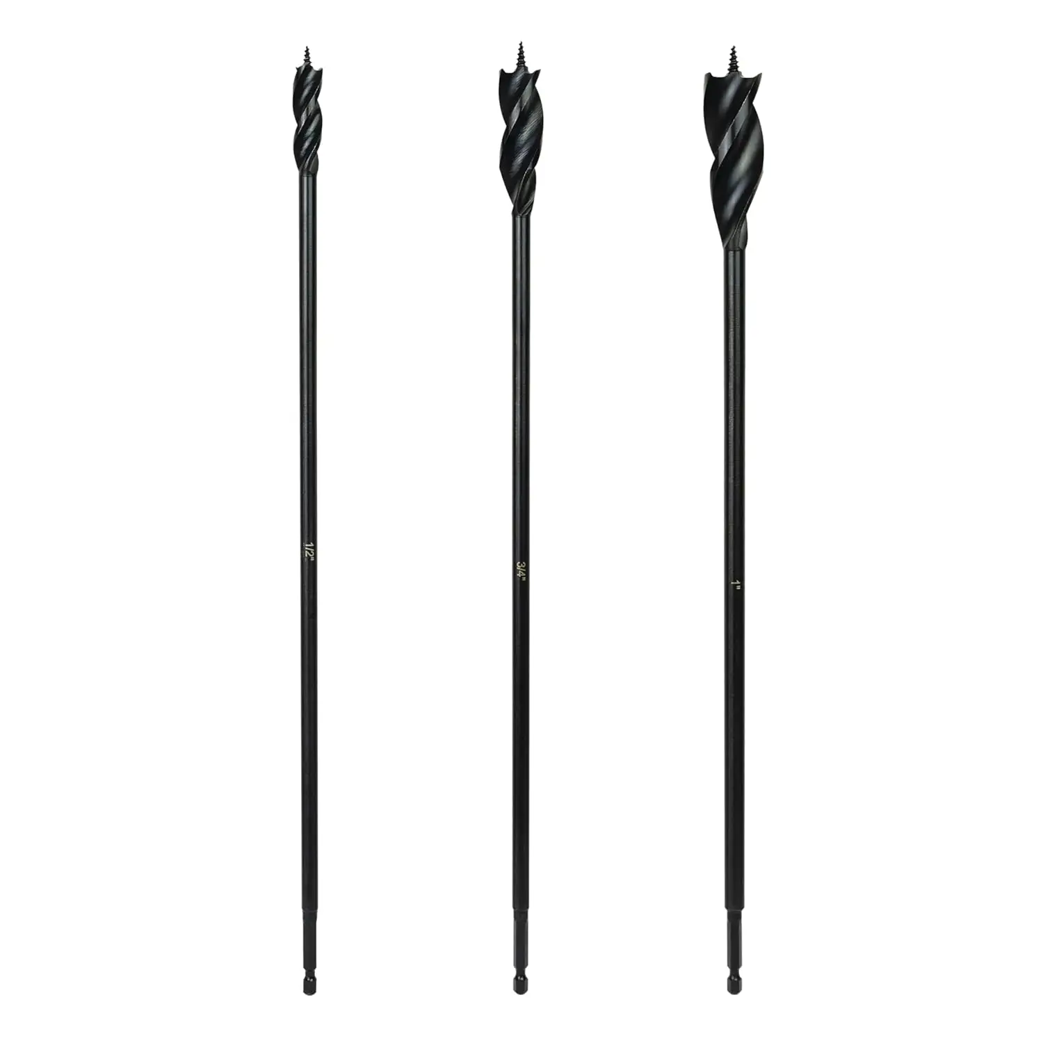 

3-Piece 16 Inch Wood Drill Bit Set for Hard and Soft Wood, 1/4” Quick Change Shank Auger Bits (1/2”, 3/4”, 1”)