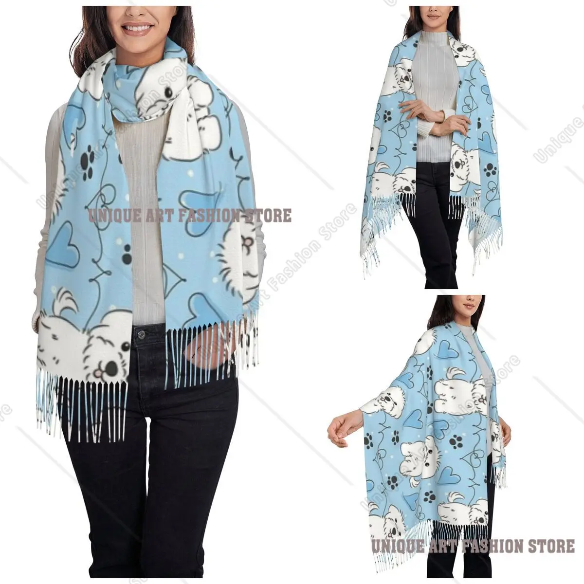 Синий шарф Love Maltese Dog для женщин, осенне-зимняя шаль, милые длинные шарфы с рисунком животного и кисточкой для вечернего платья