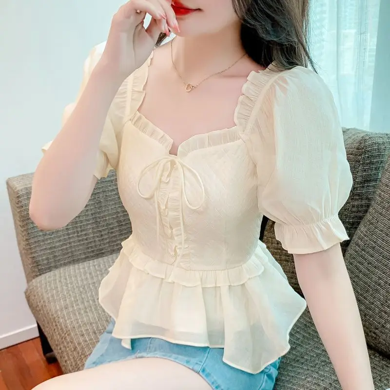 2024 New Summer Women Trendy Ruffles Lace Up Blouses Elegant Chic Sweet Short Sleeve Shirts Casual Square Collar Solid Slim Tops