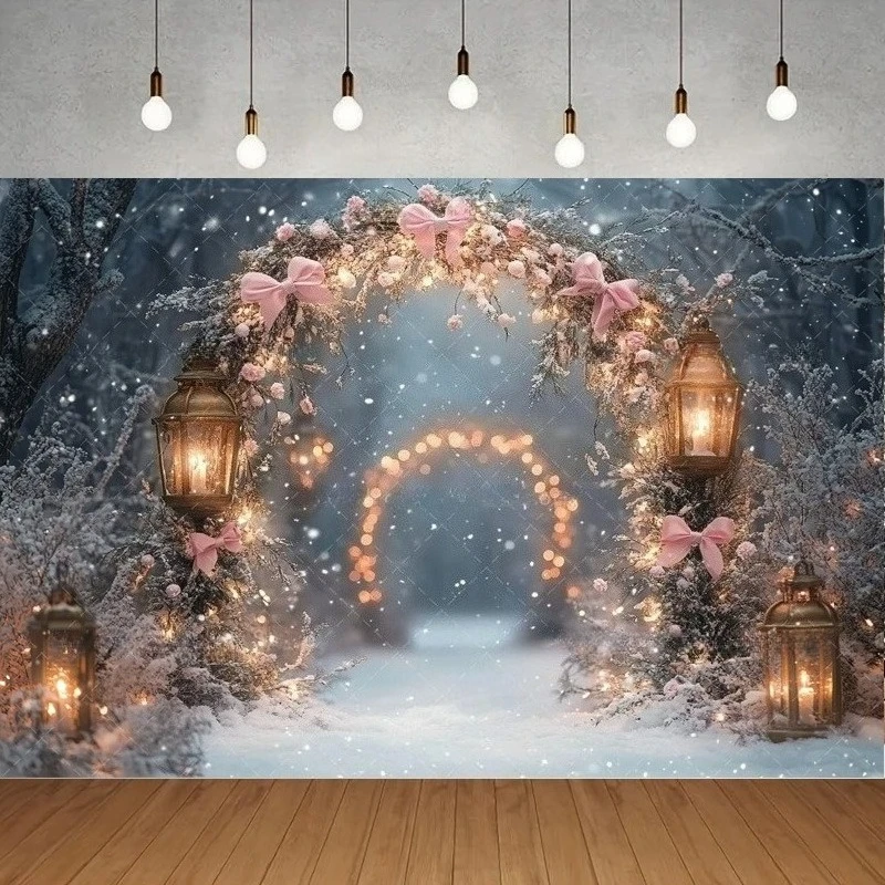 

Winter Christmas Pink Bow Banner Photography Backdrop, Leaf Forest Flash Home Children Portrait Decoration Photography Backdrop