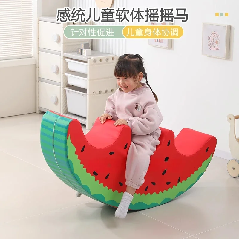 Watermelon rocking horse kindergarten early education indoor soft bag seesaw children's wooden horse toy