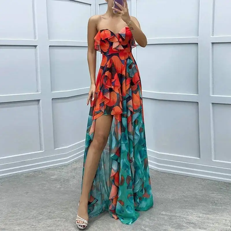 

Women Sexy Strapless Ruffle Irregular Maxi Dress Spring Print Mesh Pleated Long Dress Summer Off Shoulder Backless Party Dresses