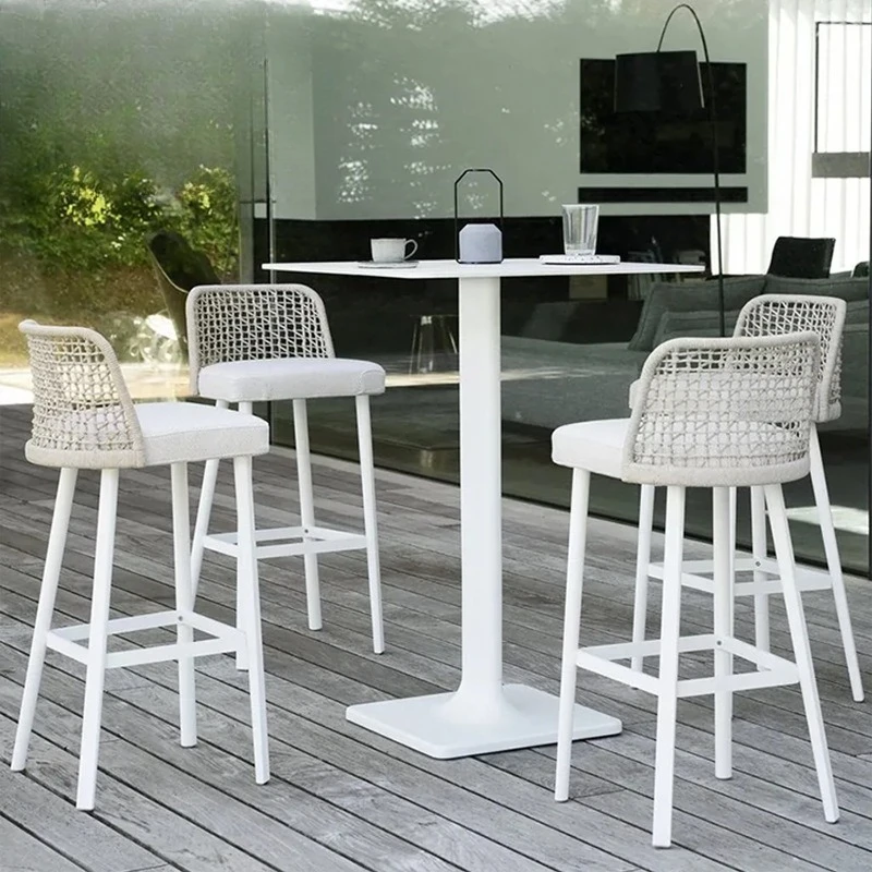 Outdoor villa, bar chairs, leisure garden, courtyard, one table, four chairs, backrests, rattan chairs, bars, rattan bar chairs