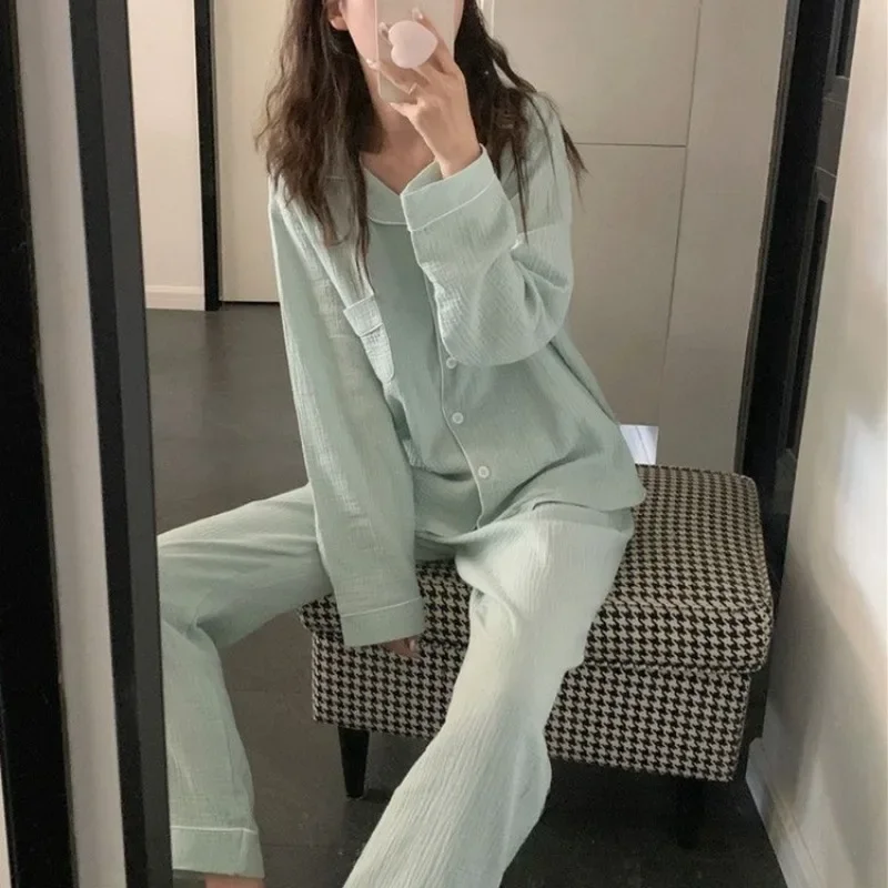 

Simple Spring and Autumn New Long-sleeved Pajamas 2 Piece Set Female Casual Solid Color Sleepwear Sweet Girl Loose Homewear Suit
