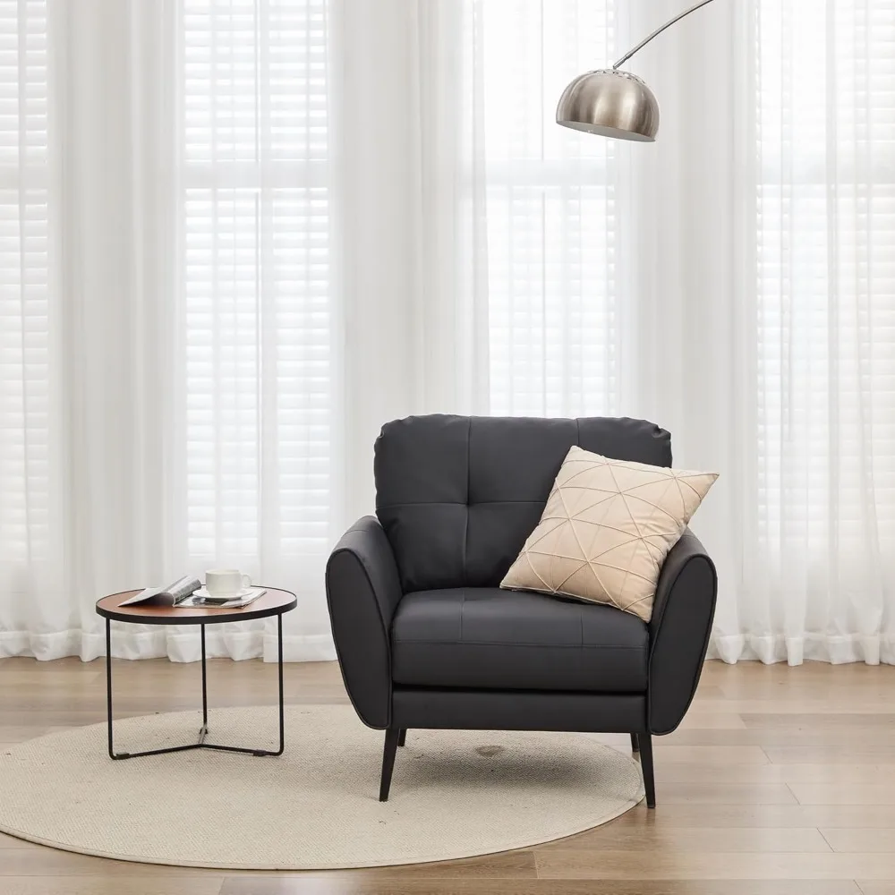 كرسي عصري مريح من الجلد الأسود لغرفة المعيشة بتصميم معنقدة ونمط منتصف القرن