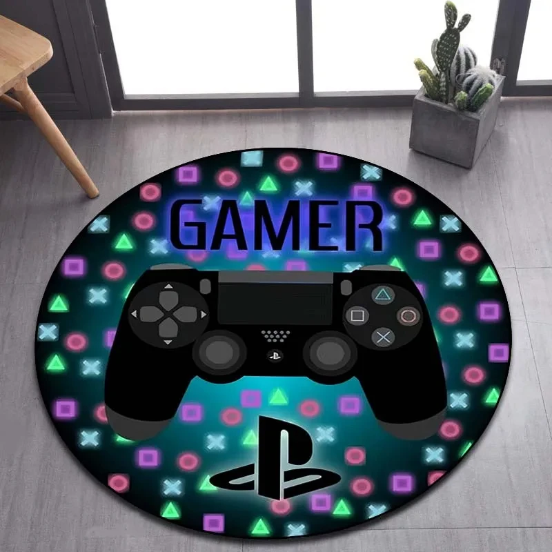 Cartoon Gamer Game Controller Round Rug Gaming Circle Carpet Home Living Room Bedroom Dorm Decor Floor Mat Video Games Chair Mat