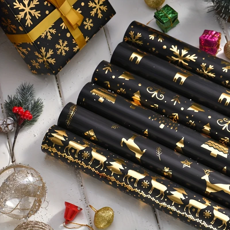 6 Stück, Heißprägung, schwarzer Boden, Weihnachtsgeschenkpapier, 50 x 70 cm, Rentier-Schneeflocken-Geschenkverpackungen, Weihnachtsdekoration